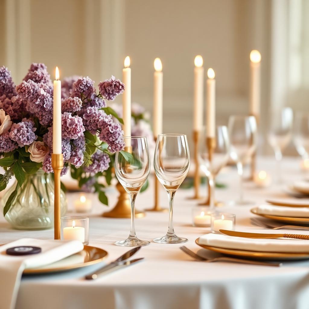 Mesa nupcial editorial con velas, cristal y flores de jacarandá